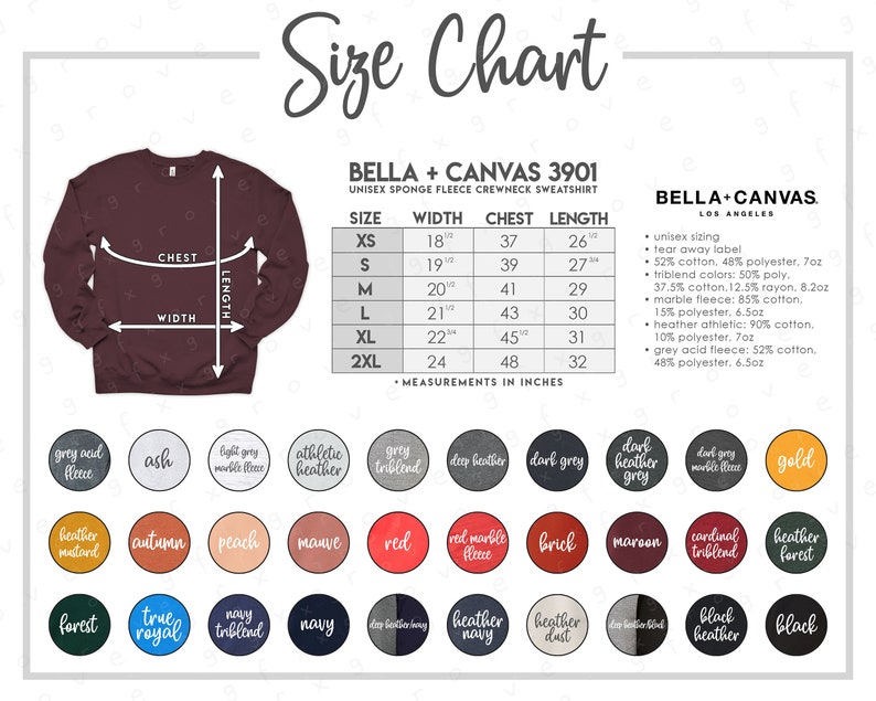 Download Bella Canvas 3901 Size Color Chart ALL 30 COLORS Bella | Etsy