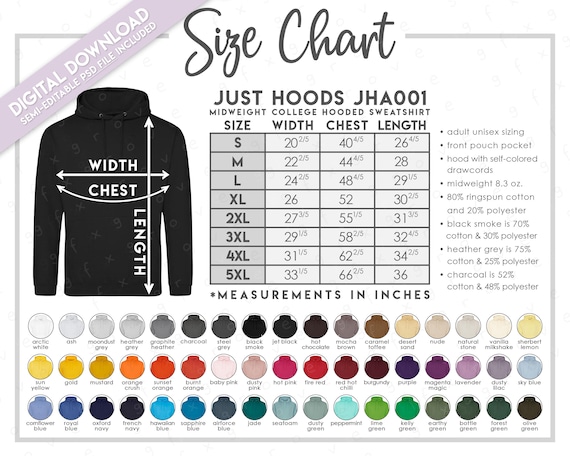 Semi-editable Just Hoods JHA001 Size + Color Chart • Just Hoods