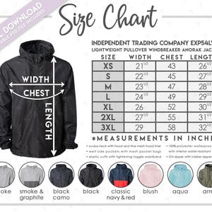 May include: Black anorak jacket with a size chart. The chart lists measurements in inches for width, chest, and length, ranging from XS to 3XL. Features include a scuba neck, mesh hood liner, and waterproof fabric.