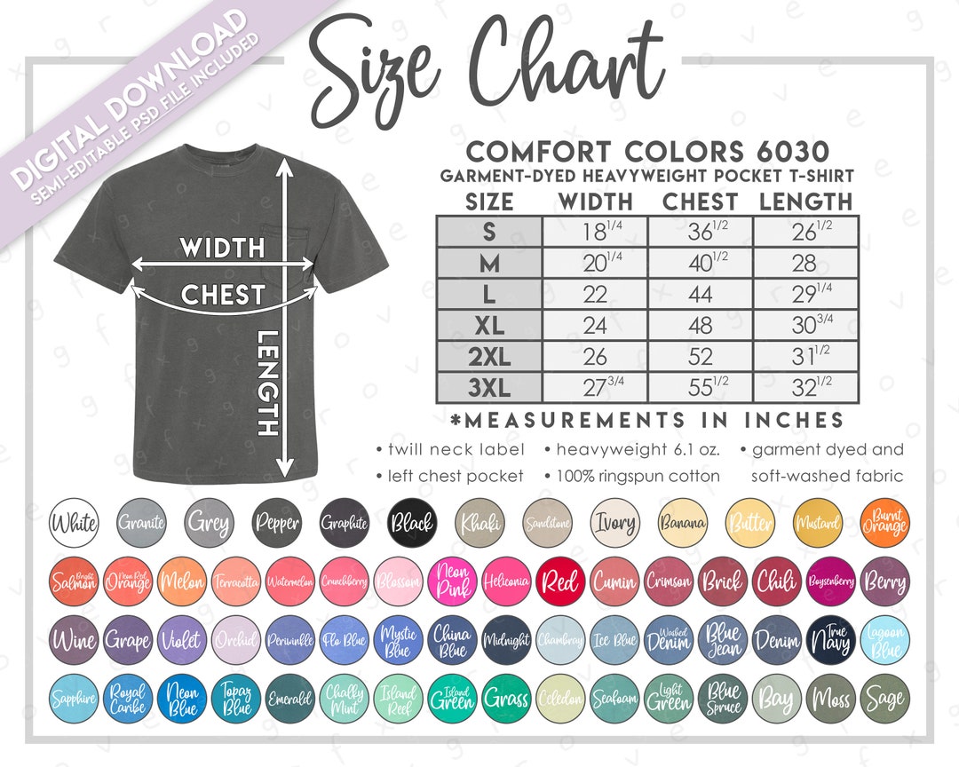 Semi-editable Comfort Colors 6030 Size Color Chart Comfort Colors ...