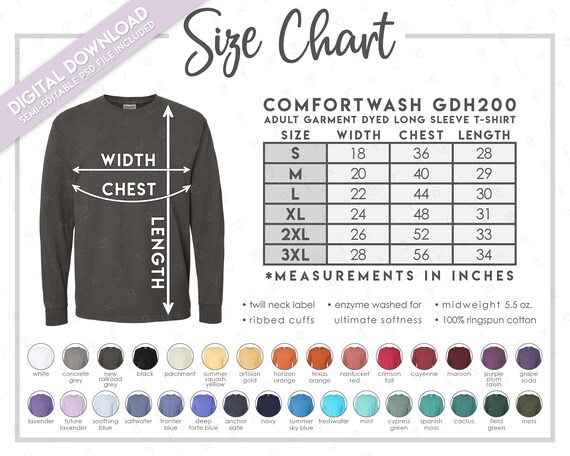 Semi-editable Comfortwash GDH200 Size + Color Chart • Hanes