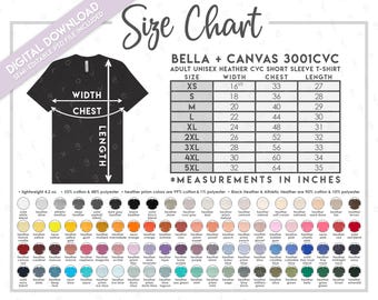 Semi-Editable Bella + Canvas 3001CVC Size + Color Chart • Bella Canvas T-Shirt Size Chart • Color Chart • Bella Canvas 3001 Heather Colors