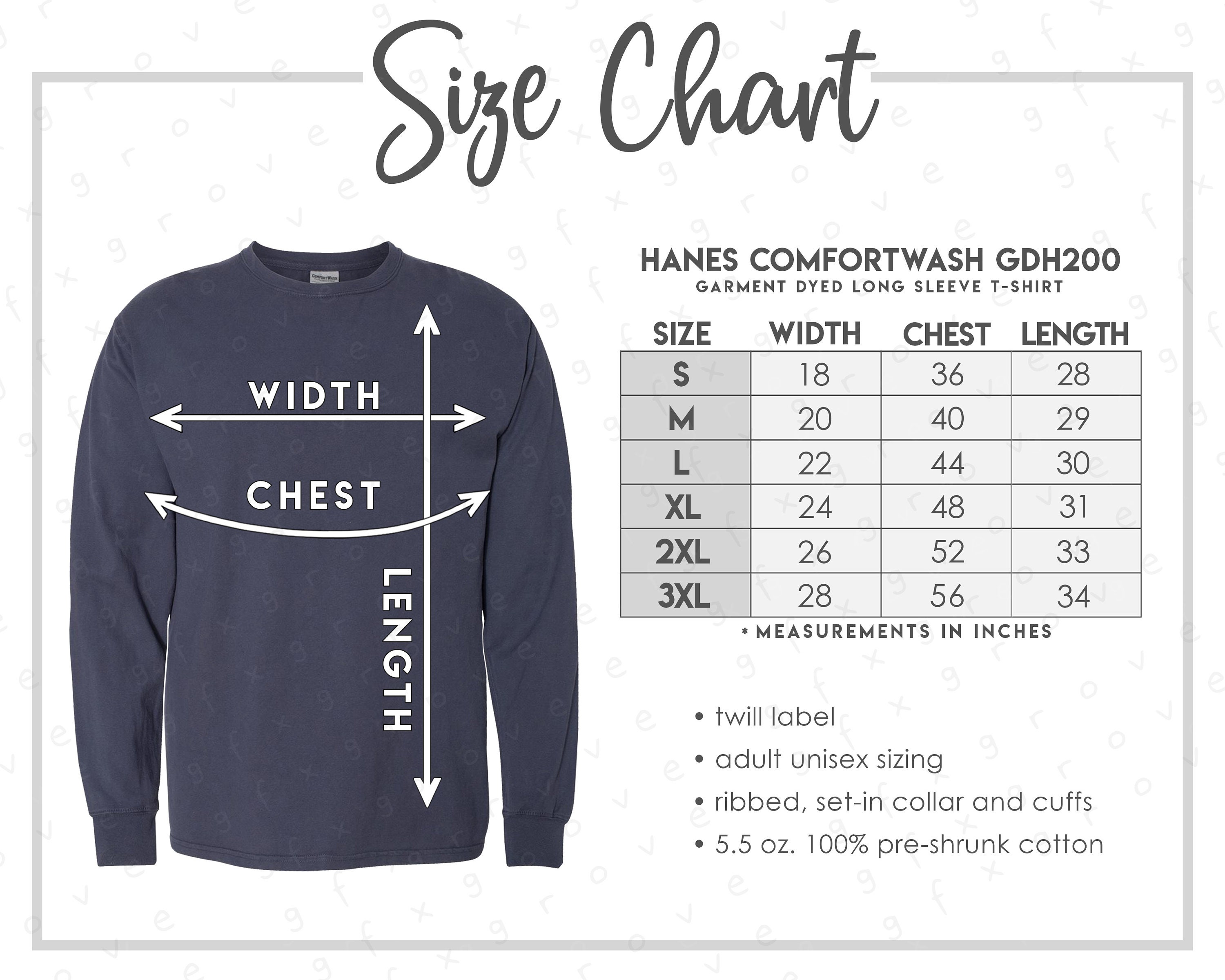 Hanes ComfortWash GDH200 Size Chart • Comfortwash Long Sleeve T-Shirt Size  Chart • ComfortWash by Hanes GDH200