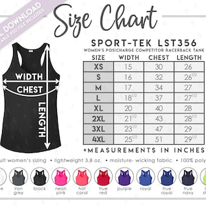 May include: Black racerback tank top with size chart. The chart shows measurements in inches for width, chest, and length, ranging from XS to 4XL. Includes color options: white, iron grey, black, neon pink, hot coral, true red, purple, royal, true navy, and lime shock.