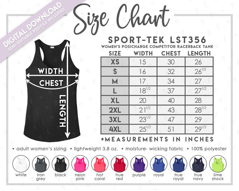 May include: Black racerback tank top with a size chart. The chart displays measurements in inches for width, chest, and length, from XS to 4XL. Includes color options: white, iron grey, black, neon pink, hot coral, true red, purple, royal, true navy, and lime shock.