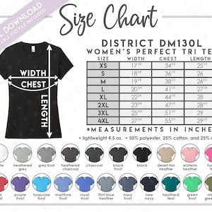 編集可能なDistrict DM130Lサイズ＋カラーチャート • DistrictウィメンズパーフェクトトライTシャツサイズチャート • DM130Lカラーチャート • District 130L