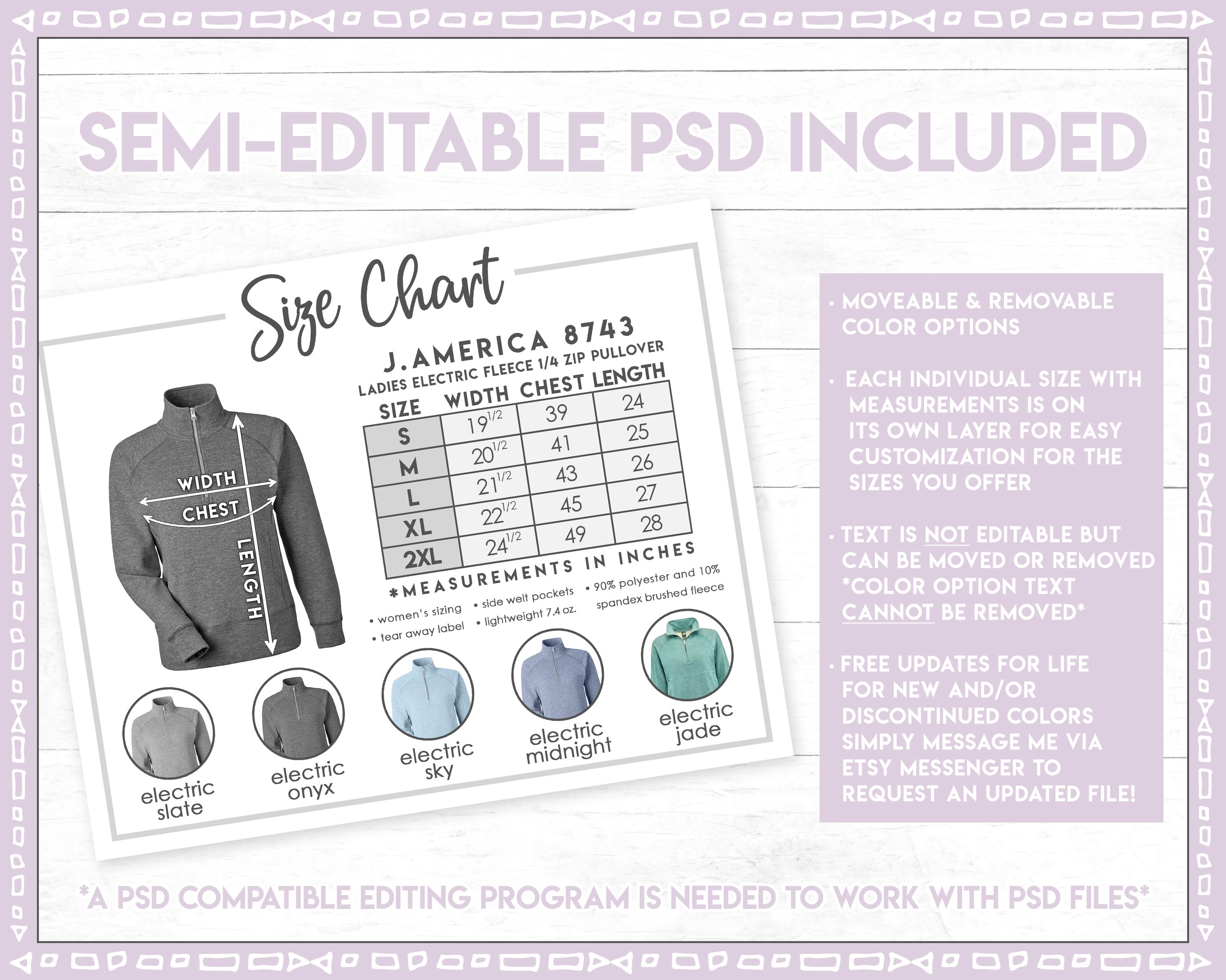 Semi-editable J. America 8743 Size Chart + Color Chart • Ladies
