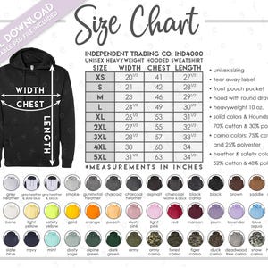 Puede incluir: Tabla de tallas para una sudadera con capucha unisex de peso pesado, con medidas en pulgadas. Tallas desde XS hasta 5XL. Incluye una paleta de colores con opciones como negro, azul marino y camuflaje.
