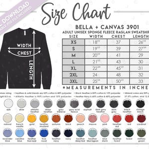 半編集可能なBella + Canvas 3901のサイズとカラーチャート • Bella Canvasスポンジフリーススウェットシャツのサイズチャート • Bella Canvas 3901のカラーチャート