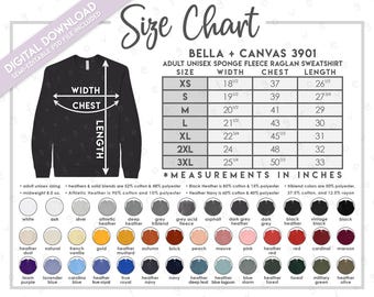 Semi-Editable Bella + Canvas 3901 Size + Color Chart • Bella Canvas Sponge Fleece Sweatshirt Size Chart • Bella Canvas 3901 Color Chart