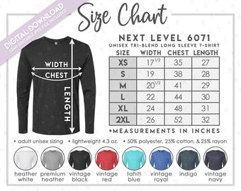 Next Level 6071 Size Chart & Color Guide • Triblend Long Sleeve • Semi-Editable PSD (Digital Download)