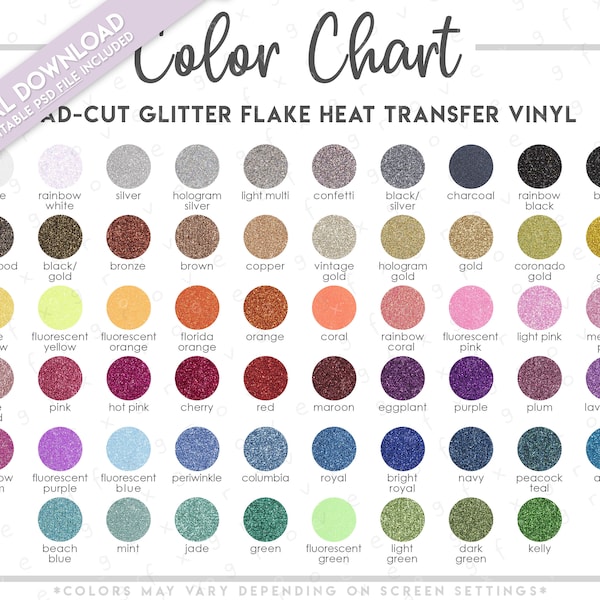 Semi-Editable Stahl's CAD-CUT Glitter Flake Heat Transfer Vinyl Color Chart • Cad-Cut Glitter Colors • Stahl's HTV • Glitter Flake Vinyl