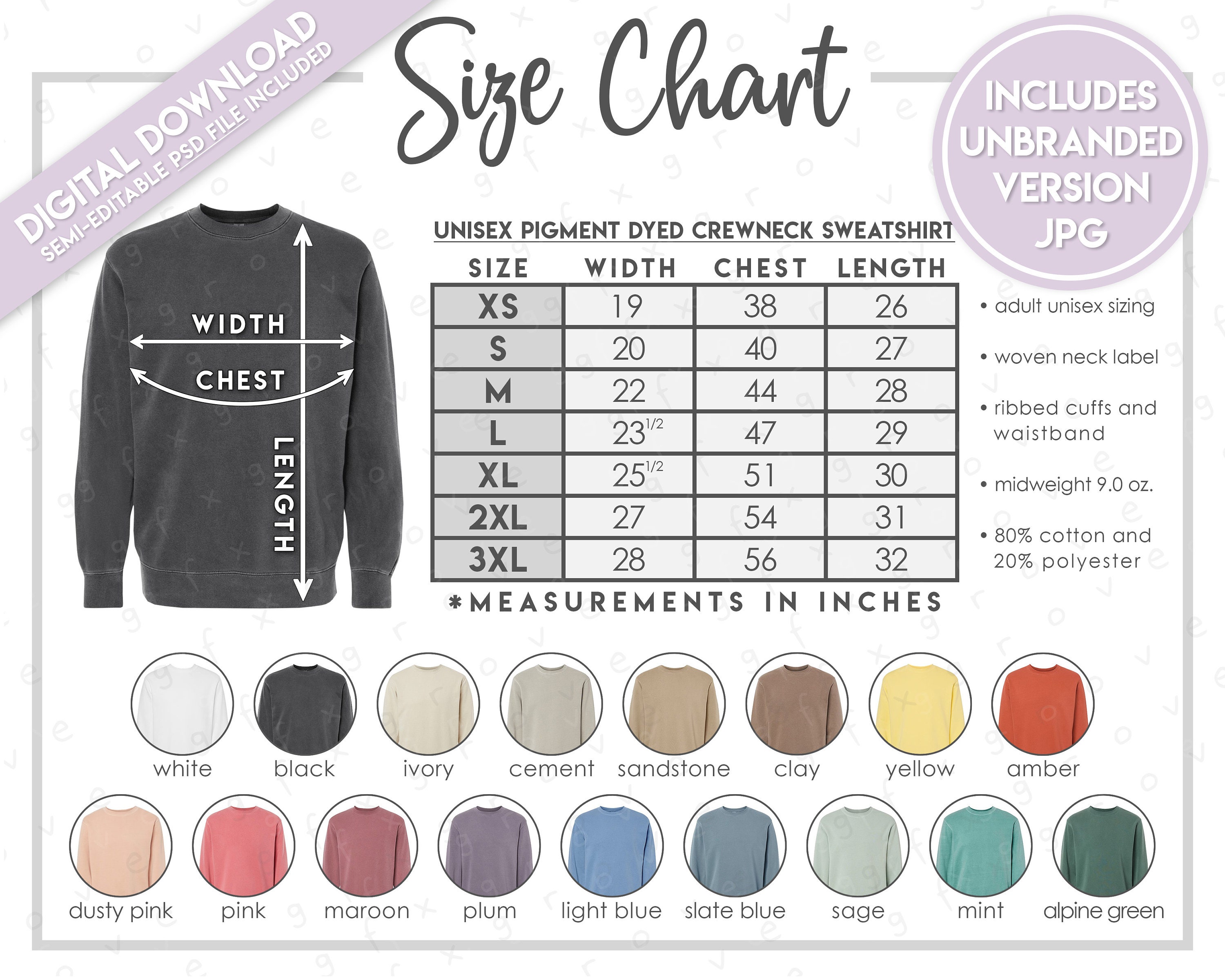 Semi-editable Independent Trading Co. PRM3500 Size + Color Chart 