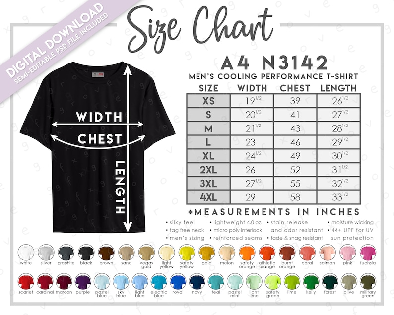 May include: Size chart for men's cooling performance t-shirts. The chart shows sizes XS through 4XL with corresponding measurements in inches for width, chest, and length. The chart also lists features of the t-shirt, such as silky feel, tag free neck, moisture wicking, and UV protection.
