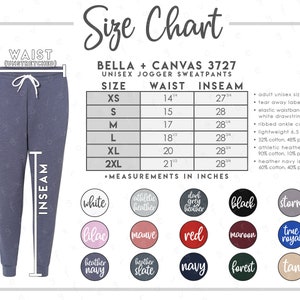 Bella + Canvas 3727 Tabla de tallas y colores (2 versiones incluidas con y sin marca) • Pantalones deportivos unisex Bella Canvas • BC3727