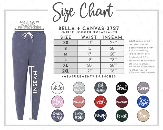 Bella Canvas 3727 Size Color Chart 2 Versions Included With & Without  Branding Bella Canvas Unisex Jogger Sweatpants BC3727 -  Canada