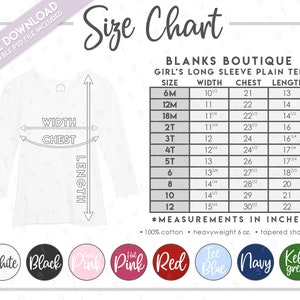 Semi-Editable Blanks Boutique Girl&#39;s Long Sleeve Plain Tee Size + Color Chart • Girls Long Sleeve Tee Size Chart