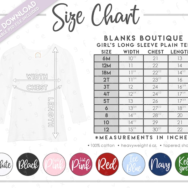 Semi-Editable Blanks Boutique Girl's Long Sleeve Plain Tee Size + Color Chart • Girls Long Sleeve Tee Size Chart