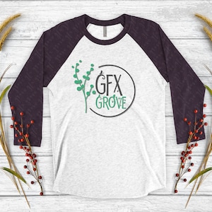 May include: A white and black baseball tee shirt with a green graphic of a branch with leaves and a circle with the text "GFX GROVE".