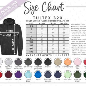 Semi-bewerkbare maat- en kleurenkaart Tultex 320 • Tultex volwassen unisex fleece-sweater met capuchon Maattabel • Tultex 320TC Maattabel
