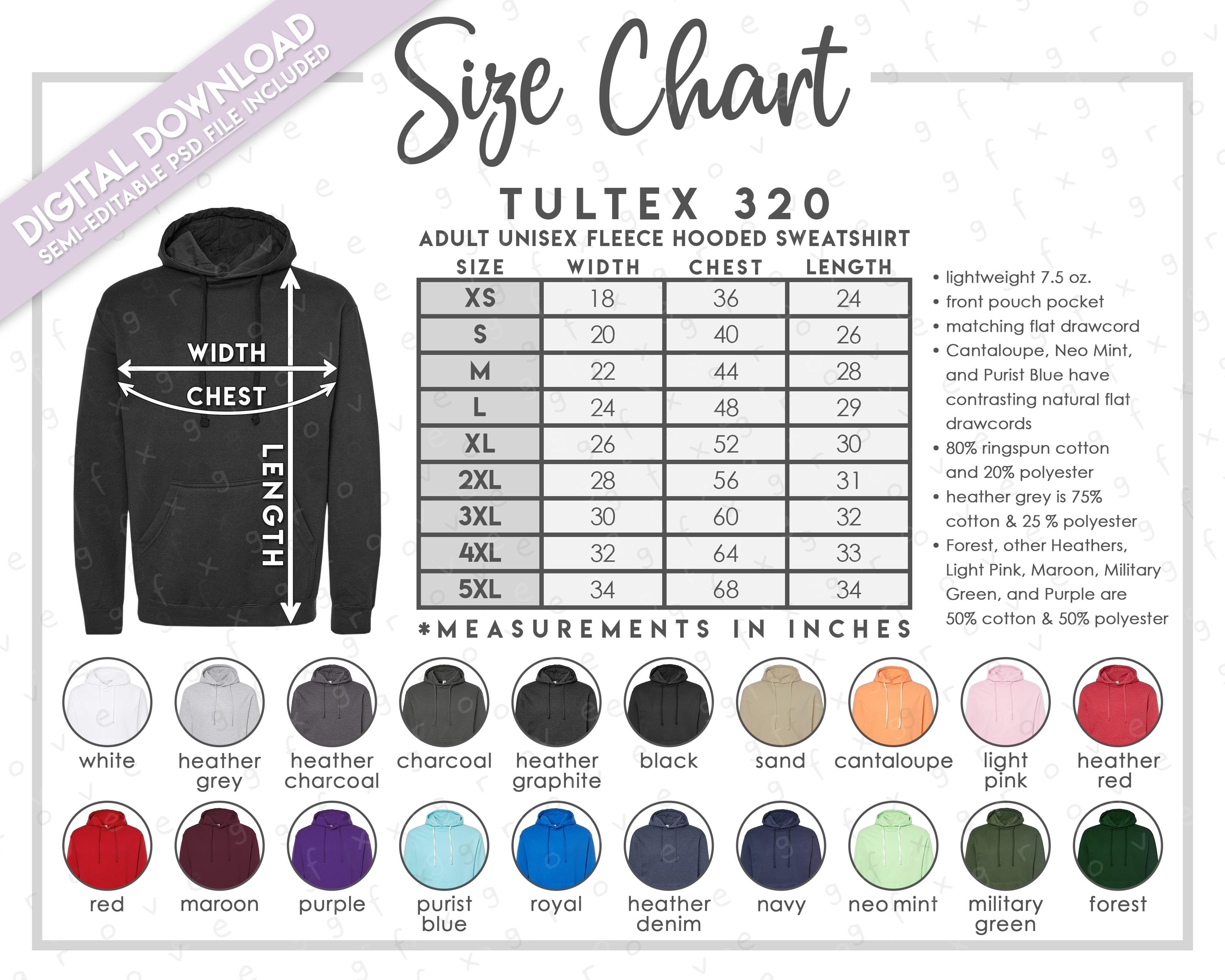 Semi-editable Tultex 320 Size + Color Chart • Tultex Adult Unisex