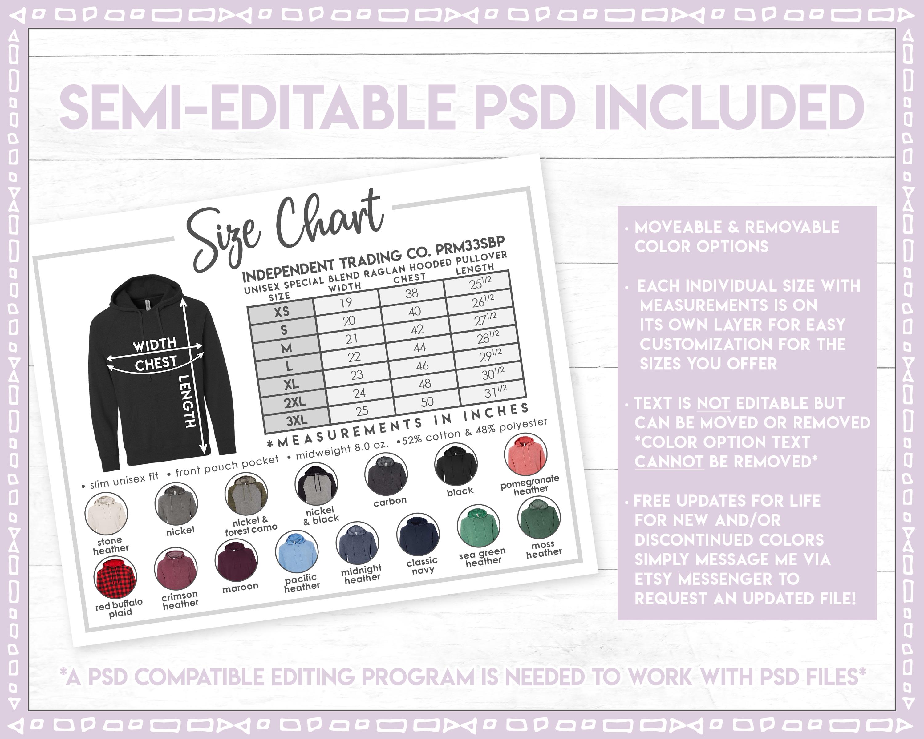 Semi-editable Independent Trading Co. PRM33SBP Size + Color Chart
