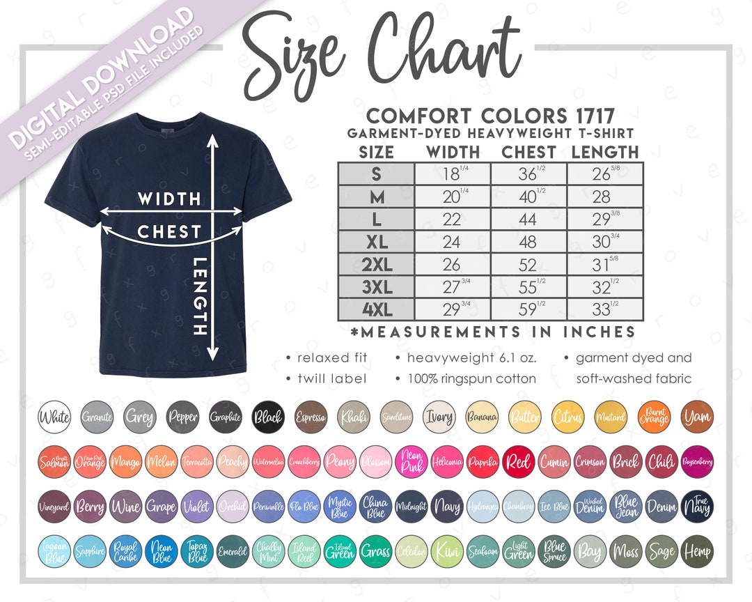 Semi-editable Comfort Colors 1717 Size Color Chart Comfort Colors Short ...