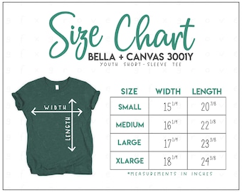 Bella + Canvas 3001Y Size Chart - Bella Canvas Youth T-Shirt Size Chart - Bella Canvas Sizes - Bella and Canvas Youth Tee Size Chart