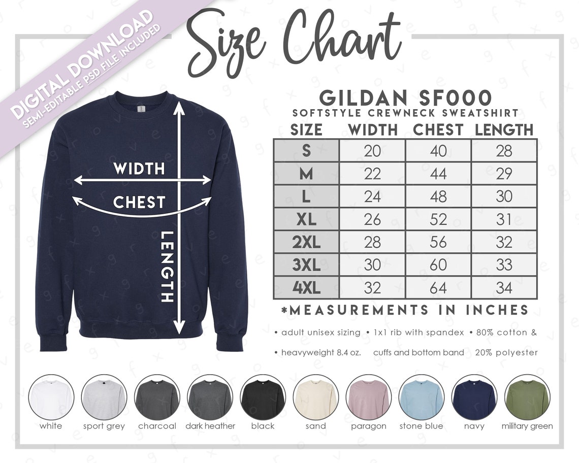 Semi-editable Gildan SF000 Size Chart Color Chart SF000 - Etsy