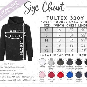 Op de afbeelding: Maattabel voor een zwarte hoodie voor jongeren, met afmetingen in inches. Voorzien van een voorzak, gevoerde capuchon en lichtgewicht van 7,5 oz. Verkrijgbaar in diverse kleuren.
