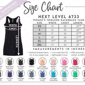 Tabla de tallas y colores semieditable de Next Level 6733 • Tabla de tallas de camisetas sin mangas con espalda deportiva de mezcla triple de Next Level • Tabla de tallas de camisetas sin mangas de Next Level • NL6733