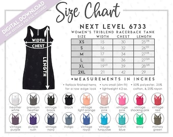 Tabella taglie e colori semi-modificabile Next Level 6733 • Tabella taglie canotta Next Level Triblend Racerback • Tabella taglie canotta Next Level • NL6733