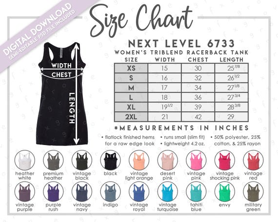 Semi-Editable Next Level 6733 Size + Color Chart •  Next Level Triblend Racerback Tank Size Chart • Next Level Tank Top Size Chart • NL6733