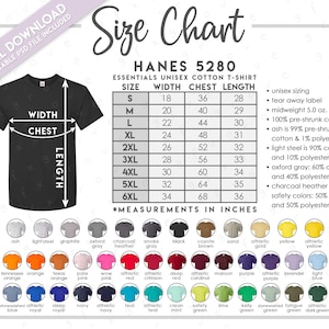 Semi-Editable Hanes 5280 Size Chart + Color Chart • Comfortsoft Cotton T-Shirt Size Chart • 5280 T-Shirt Color Chart • 5280 Size Chart