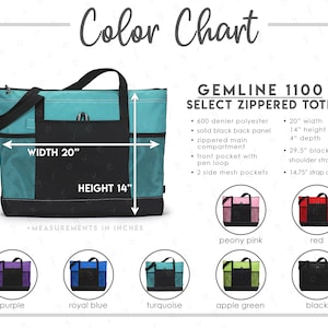 Puede incluir: Una carta de colores que muestra diez colores diferentes de bolsas de lona con cremallera Gemline 1100 Select. Las bolsas tienen 50,8 cm de ancho, 35,6 cm de alto y 10,2 cm de profundidad. Las bolsas tienen un compartimento principal con cremallera, un bolsillo frontal con un lazo para bolígrafos y dos bolsillos laterales de malla. Los colores que se muestran son: morado, azul real, turquesa, verde manzana, negro, rosa peonía, rojo, azul verdoso, azul marino y gris.