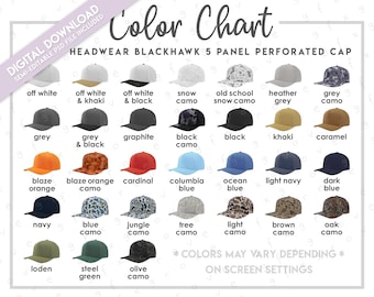 Semi-Editable Zapped Headwear Blackhawk Color Chart • Zapped Headwear 5 Panel Perforated Snapback Cap Color Chart • Zapped Cap Color Guide