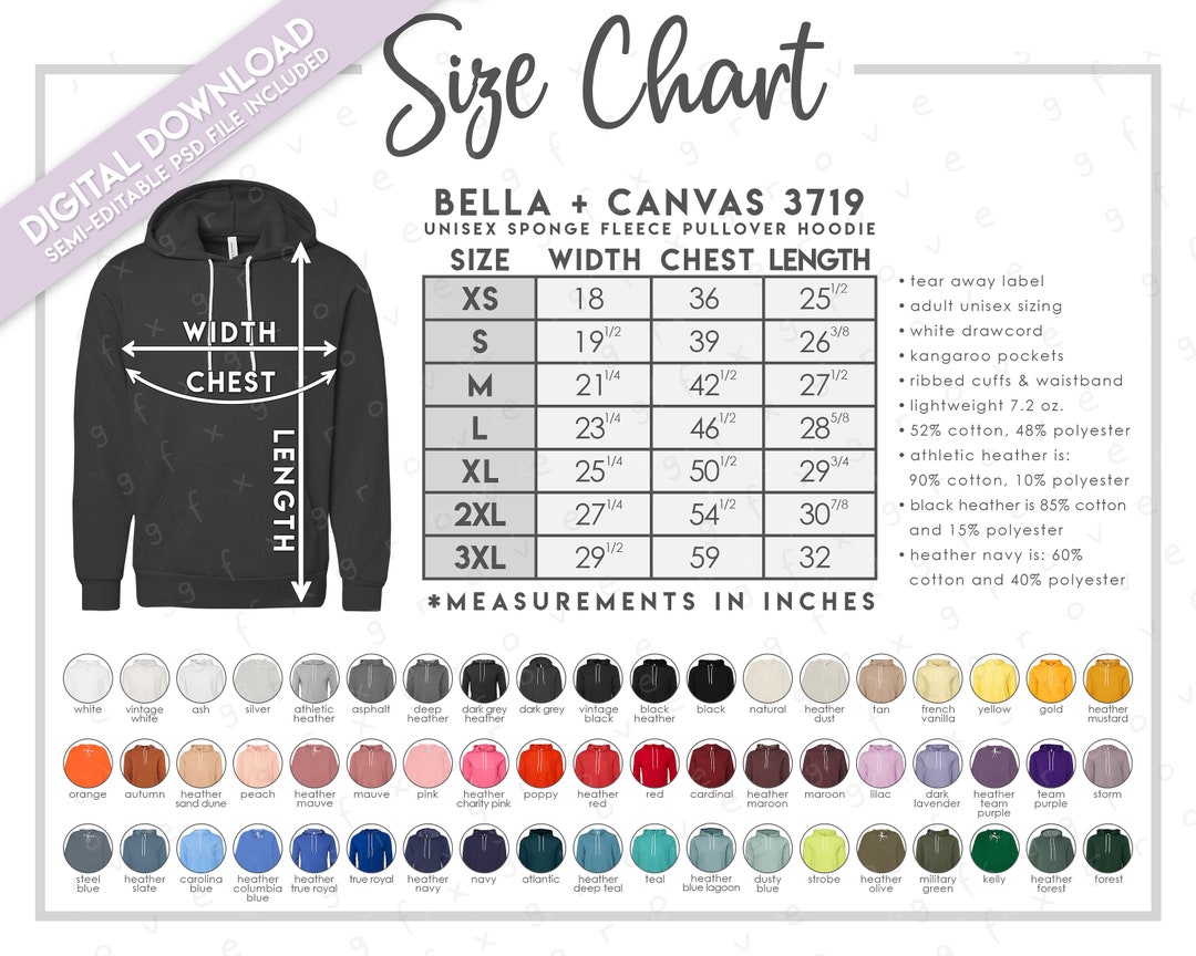 Semi-editable Bella Canvas 1010 Size Color Chart Bella Canvas