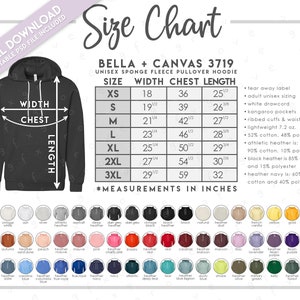 Tabla de tallas y colores semieditable Bella + Canvas 3719 • Tabla de tallas de sudadera con capucha de polar esponjoso Bella Canvas • BC3719