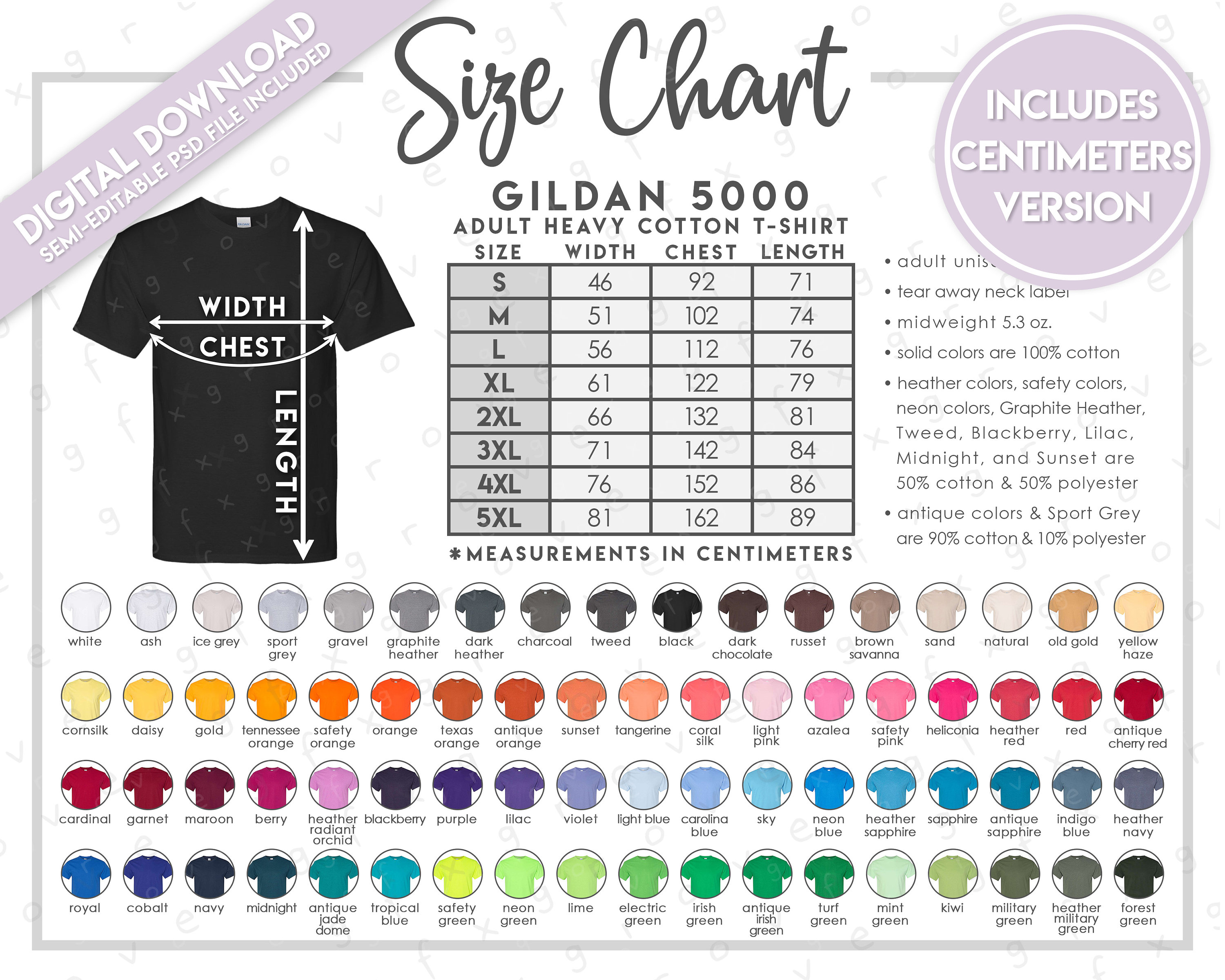 Semi-editable G500 Size Chart + Color Chart • Gildan Heavy Cotton