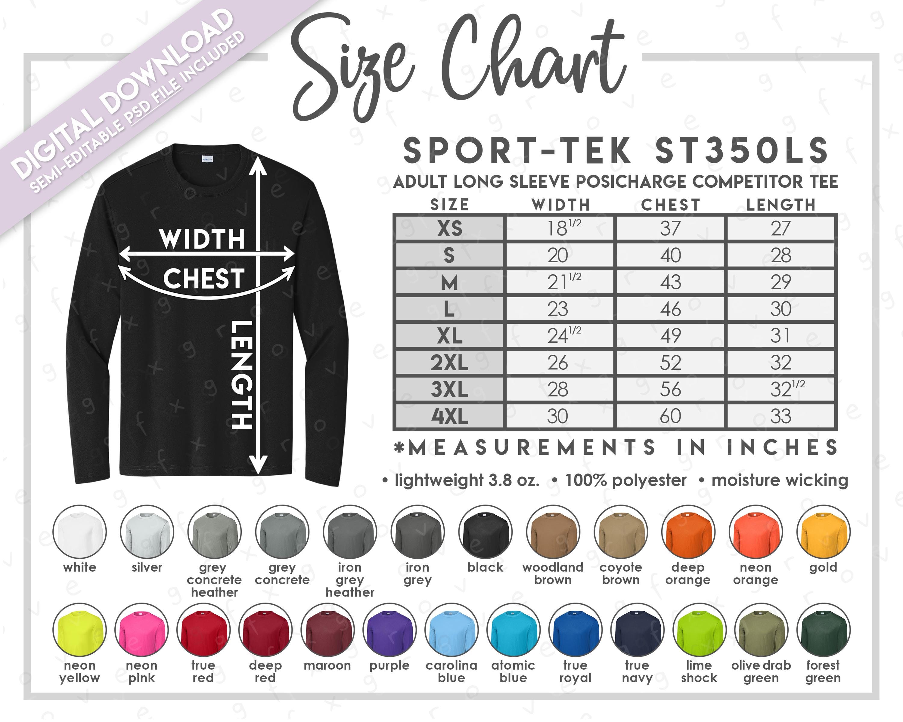 Semi-editable Sport Tek ST350LS Size Chart + Color Chart • Sport