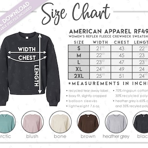 Delvis redigerbar American Apparel RF494 Storleks- + Färgkarta • American Apparel Dam Reflex Fleece Crewneck Sweatshirt Storlekstabell • AA RF494