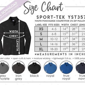 Op de afbeelding: Maattabel voor een 1/4-zip pullover voor jongeren in de maten XS tot XL. De tabel toont de etiketmaat, de passende maten, de breedte, de borst en de lengte in inches. De pullover is verkrijgbaar in grijs beton, ijzergrijs, zwart, koninklijkblauw, echt koninklijkblauw en donkerblauw.