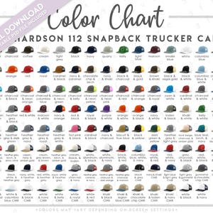 Tabla de colores semieditable Richardson 112 • Tabla de colores de gorras de camionero con cierre a presión Richardson • Guía de colores de gorras de camionero Richardson