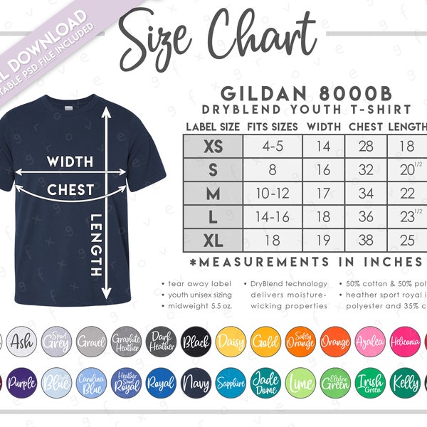 Semi-Editable G800B Size Chart + Color Chart • 8000B Youth T-Shirt Size Chart • G800B Color Chart • G800B Size Chart