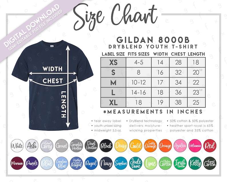 Semi-editable G800B Size Chart Color Chart 8000B Youth - Etsy