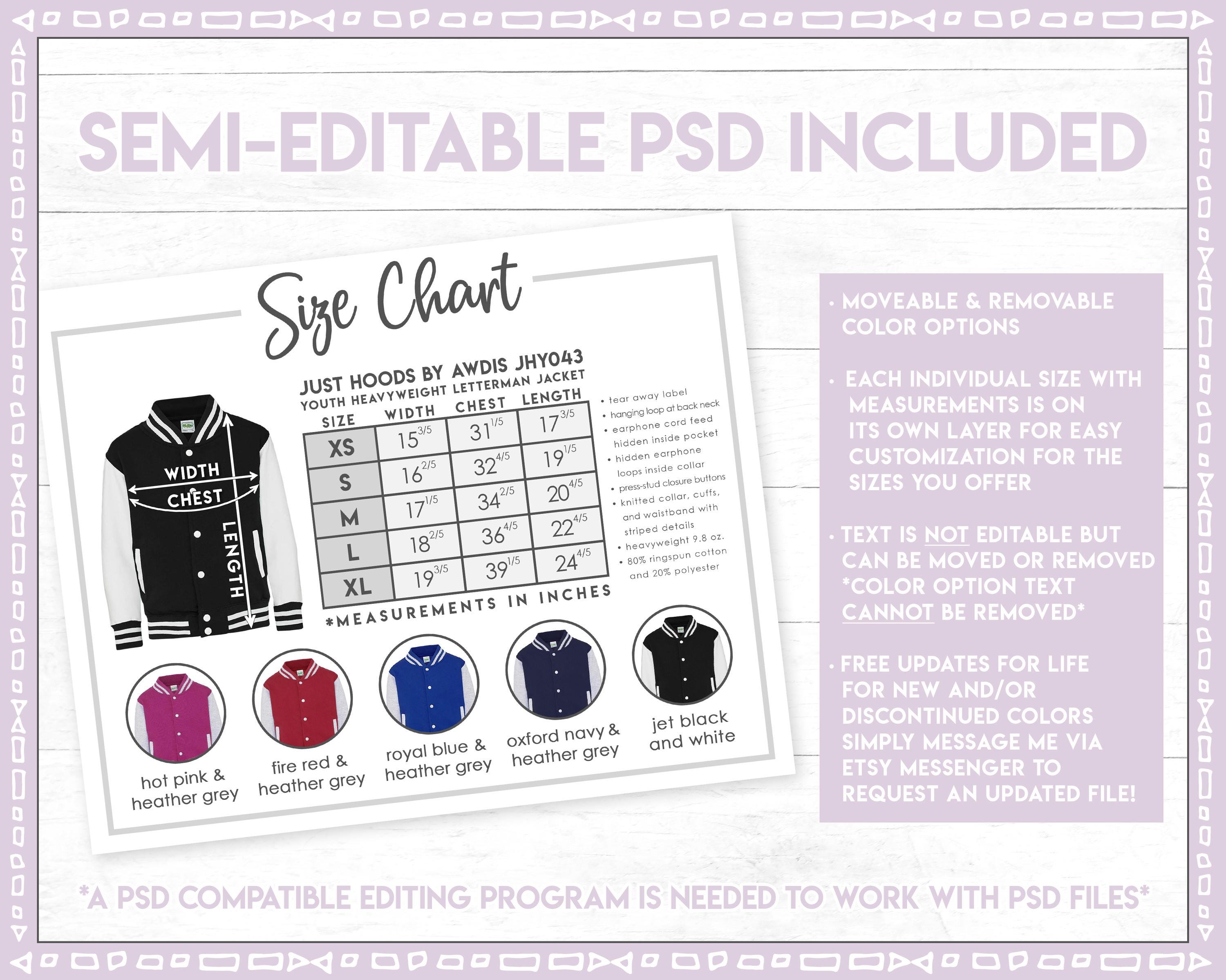 Semi-editable Just Hoods by Awdis JHY043 Size + Color Chart