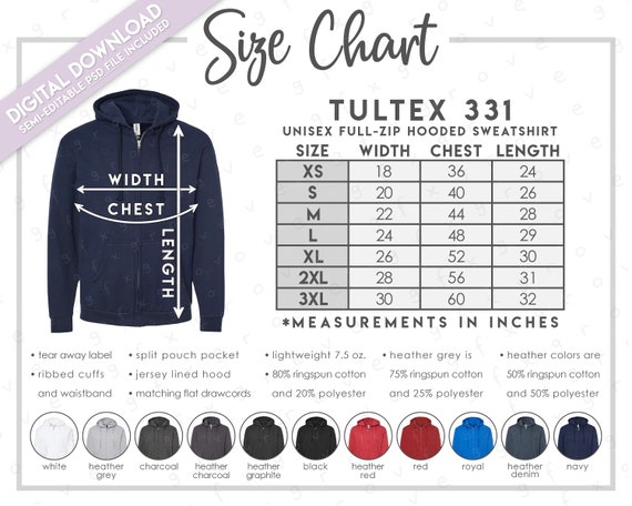 Semi-editable Tultex 331 Size Chart Color Chart Tultex Full Zip Hooded  Sweatshirt Size Chart Tultex Hoodie Color Chart Tultex 331TC 