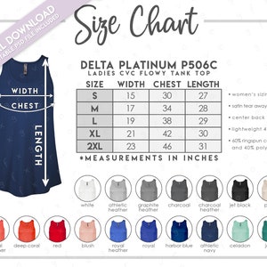 Tabela de tamanhos e cores Delta Platinum P506C semi-editável • Tabela de tamanhos da regata Delta Ladies CVC Flowy • Tabela de tamanhos P506C • Tabela de cores P506C