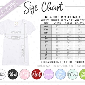Semi-Editable Blanks Boutique Girls Short Sleeve Plain Tee Size + Color Chart • Blanks Boutique Girls T-Shirt Size Chart