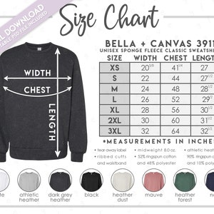 Semi-Editable Bella + Canvas 3911 Size + Color Chart • Bella Canvas Sponge Fleece Classic Sweatshirt Size Chart • BC3911